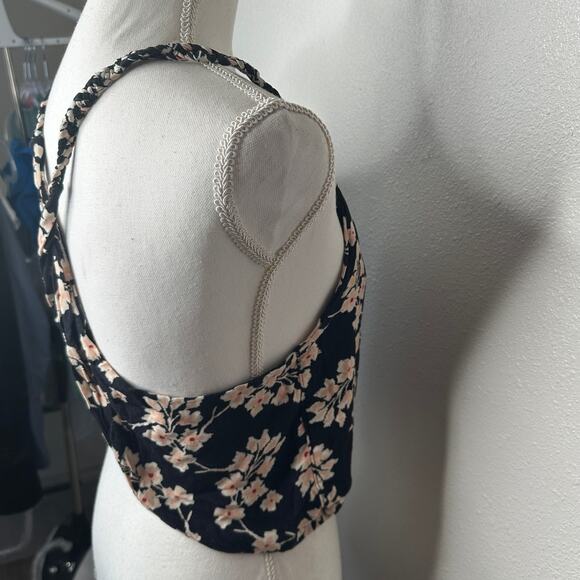 Boho Floral Braided Twist Back Tank Top XS Black Peach Cream Linen Summer Look - Picture 11 of 15